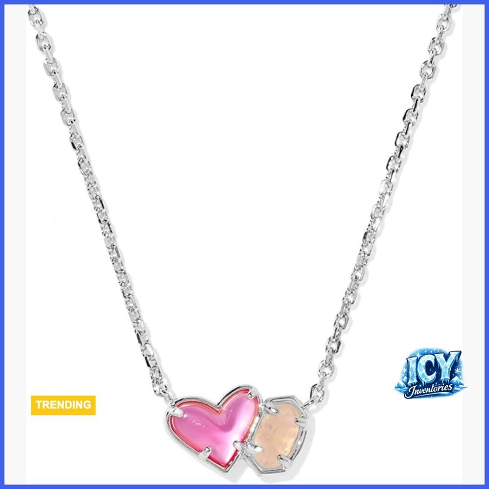 Rhodium Plated Brass Pendant Necklace with Rose Quartz Stone